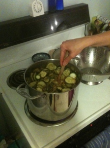 Stirring the curry pickles in their syrup.  Yum!